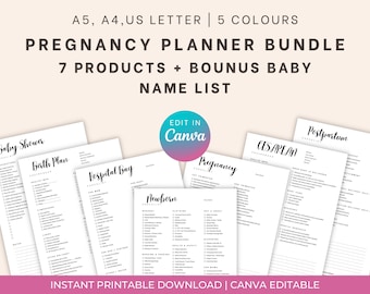 Pregnancy Planner Bundle, Pregnancy Checklist, Hospital Bag Checklist, Baby Shower Checklist, Postpartum Checklist PDF, Edit in Canva