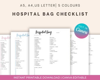 Krankenhaustasche Checkliste, Geburts-Packliste Vorlage bearbeitbar auf Canva Printable, SOFORTIGER DOWNLOAD