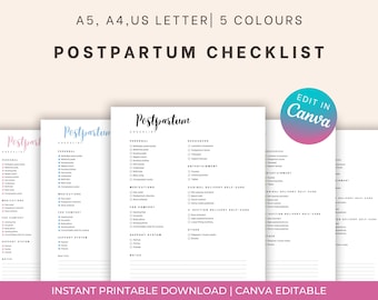 Checklist postpartum, checklist postpartum afdrukbaar, pdf voor New Mom Essentials, postpartumherstelplanner, bewerken in Canva, INSTANT DOWNLOAD