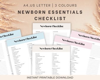 Könnte beinhalten: Eine Sammlung druckbarer Checklisten für Neugeborene in verschiedenen Pastellfarben. Die Checklisten tragen die Aufschrift "Newborn Checklist" und umfassen Bereiche für Kinderzimmer, Kleidung und Gesundheit & Sicherheit. Der Text "A4, US LETTER | 3 COLOURS" steht oben.