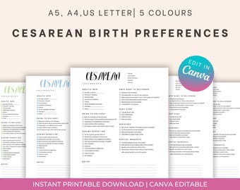 Plantilla de plan de parto por cesárea, lista de verificación prellenada (Canva Edit, PDF)