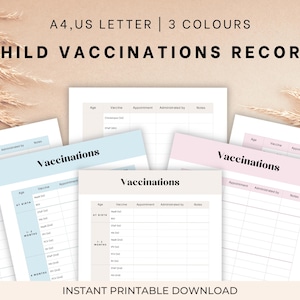 Pode incluir: Folhas de registo de vacinação infantil imprimíveis em cores pastel. As folhas são rotuladas como "Vaccinations" e incluem seções para idade, vacina, consulta e notas. O texto "A4, US LETTER | 3 CORES" está no topo.