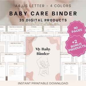 May include: A digital baby care binder with 35 printable products, including checklists and logs. The cover features a line drawing of a parent's hand holding a baby's hand. Includes 90 pages and 2 bonus products. Available in A4 and US Letter sizes.