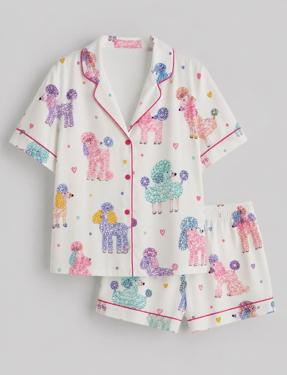 Women’s Colorful Poodle Print Pajama Set, Short Sleeve Dog Lover Sleepwear, Cute Pet Pajamas
