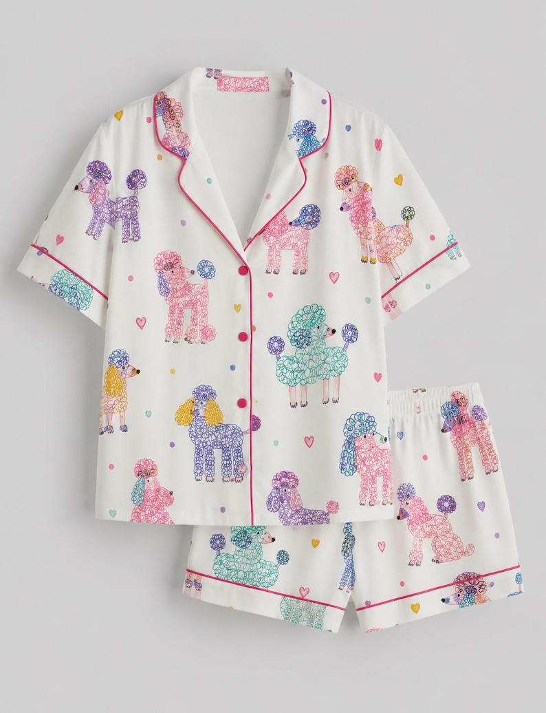 K&ouml;nnte beinhalten: Ein wei&szlig;es Pyjama-Set bestehend aus einem kurz&auml;rmeligen Hemd mit Knopfleiste und passender Shorts. Der Stoff zeigt ein wiederkehrendes Muster aus bunten Pudeln in Rosa, Lila, Gelb und T&uuml;rkis, akzentuiert durch kleine Herzen und Punkte.