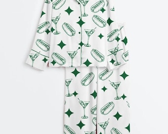 Pijama de satén para mujer, de manga larga y con estampado de martini sucio, ideal para cócteles, ideal para fiestas, regalo para ella.