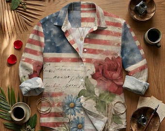 Floral American Flag Linen Shirt, Patriotic Women Blouse, USA Independence Day Shirt, 4th of July Outfit, Summer Top for Women, Gift for Her
