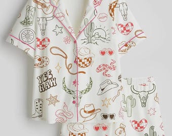 Wild West Cowgirl Pajamas for Women, Satin Long & Short Sleeve Disco Y2K Sleepwear, Cute Bachelorette Nightwear Gift