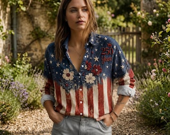 250 Years Patriotic Floral Shirt for Women, American Flag Button Up Blouse, Vintage USA Independence Day Top, Fourth of July Outfit