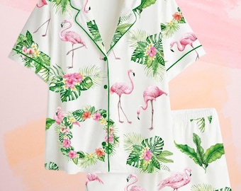 Conjunto de pijama de flamencos rosas para mujer, pijama navideño de satén de manga corta o larga, regalo de ropa de dormir navideña para mamá.