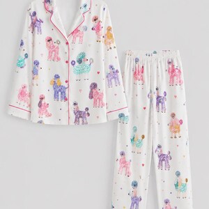Women’s Colorful Poodle Print Pajama Set, Short Sleeve Dog Lover Sleepwear, Cute Pet Pajamas Long