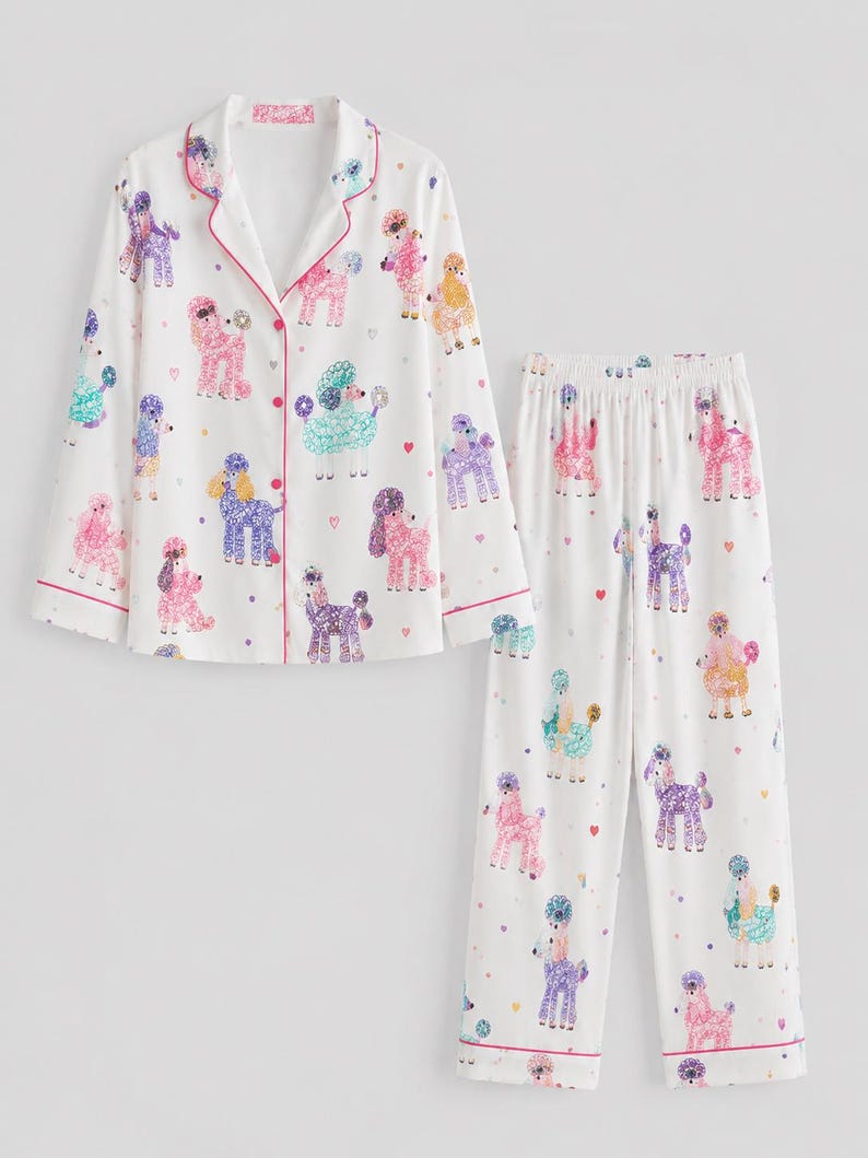 Women’s Colorful Poodle Print Pajama Set, Short Sleeve Dog Lover Sleepwear, Cute Pet Pajamas Long