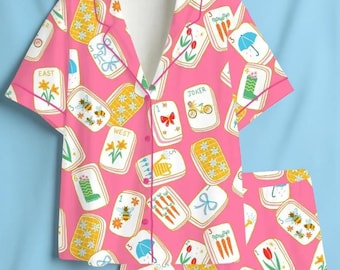 Women’s Mahjong Satin Pajama Set, Cute Game Tile Print Short & Long Sleeve Sleepwear, Cozy Lounge Set for Mahjong Lovers