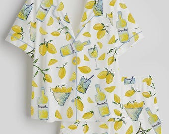 Pijama de satén con estampado floral de limón y limoncello para mujer, manga corta.