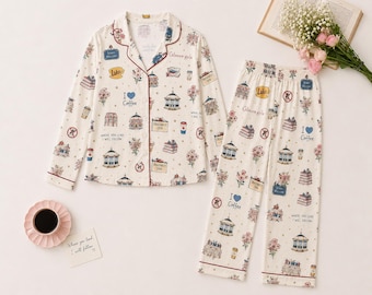 Book Lover Pajama Set, Cozy Coffee Sleepwear, Vintage Floral Pajamas, Library Lover Lounge Set, Women's Long Sleeve PJs