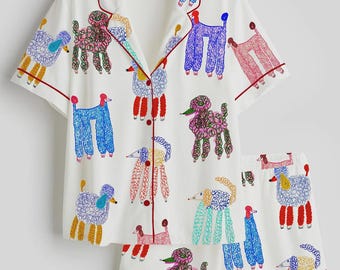 Women’s Colorful Poodle Print Satin Pajama Set, Short Sleeve Dog Lover Sleepwear, Cute Pet Pajamas