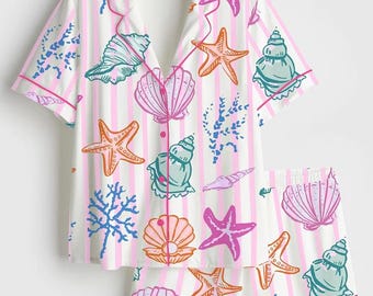 Seashell Pajama Set for Women, Coastal Beach Satin Sleepwear, Ocean Starfish Shell PJs, Short Sleeve & Long Sleeve Pink Striped Loungewear