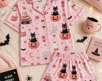 Pink Halloween Pajama Set, Coquette Ghost Pumpkin Black Cat PJs, Cute Matching Sleepwear, Button Up Lounge Set, Fall Pajamas Gift for Her