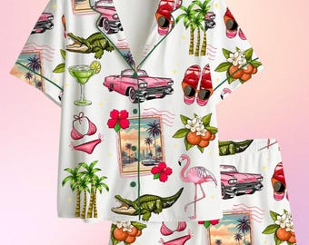 Conjunto de pijama para mujer para vacaciones en Miami, pijama de satén tropical para playa en Florida, manga larga o corta, ropa de dormir de verano para viajes.