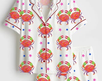 Coastal Crab Pajama Set for Women, Colorful Beach Sleepwear, Nautical Summer PJ Set, Cute Vacation Loungewear