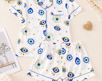 Evil Eye Pajama Set for Women, Short Sleeve and Long Sleeve Sleepwear, Boho Blue Eye PJ Set