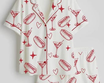 Dirty Martini Pajama Set for Women, Funny Cocktail Sleepwear, Tinis Weenies Pajamas, Valentine’s Day Gift, Satin Lounge Set, Bachelorette