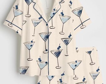 Conjunto de pijama de satén azul con estampado de cóctel Martini para mujer, pijama sedoso con estampado de bebidas de bar, conjunto de pijama de manga corta con botones, regalo ideal para relajarse en casa.