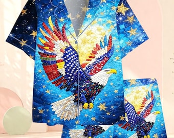 Conjunto de pijama USA Eagle para mujer, 1776–2026. Pijama patriótico de satén de manga larga o corta para el Día de la Independencia.