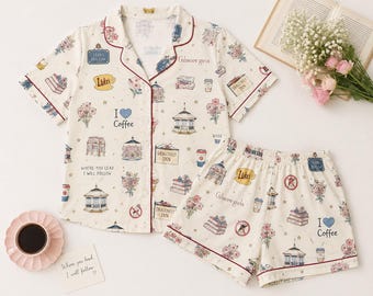 Cozy Coffee Pajama Set for Women, Book Lover Sleepwear, Vintage Small Town Lounge Set, Floral Pajamas, Long Sleeve PJ Set