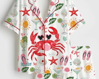 Conjunto de pijama de satén con estampado de cangrejos costeros para mujer, pijama de seda con estampado náutico de playa y océano, pijama de manga corta con botones, regalo de verano para ella.