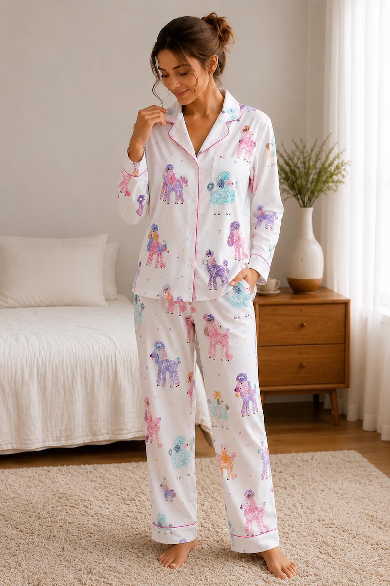 Women’s Colorful Poodle Print Pajama Set, Short Sleeve Dog Lover Sleepwear, Cute Pet Pajamas Bild 4