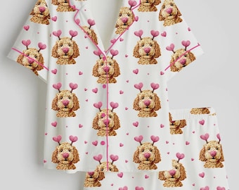 Pijama de satén Goldendoodle Valentine para mujer, con estampado de corazón de perro, manga corta