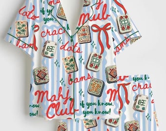 Conjunto de pijama de satén para mujer con estampado de azulejos Cracks Dots Bams, pijama sedoso de manga corta con botones, regalo para amantes del mahjong.