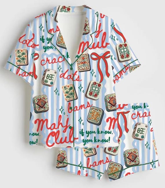 Women’s Mahjong Satin Pajama Set, Cracks Dots Bams Tile Print Silky Sleepwear, Short Sleeve Button Down PJs, Mahjong Lover Gift for Her