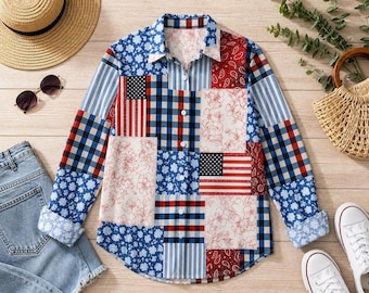 Camisa floral del 250 aniversario de EE. UU. para mujer, blusa abotonada con la bandera patriótica, atuendo para el 4 de julio.