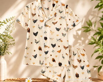 Farm Animal Pajama Set Women, Satin Long & Short Sleeve Chicken Print Sleepwear, Country Style Nightwear Gift