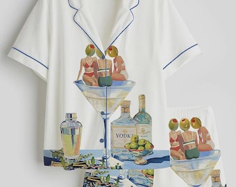 Pijama vintage de satén Dirty Martini para mujer, manga corta, estampado de cóctel retro