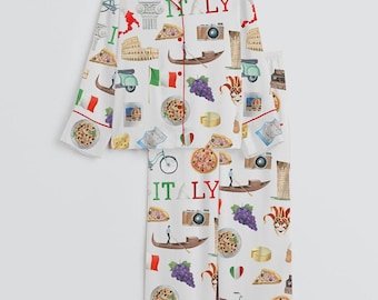 Pijama de satén de manga larga para mujer, estampado de vacaciones europeas, estilo viaje a Italia y Roma.