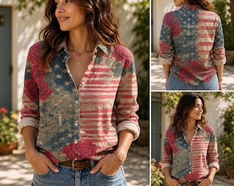 Camisa floral para mujer del 250 aniversario de EE. UU., blusa abotonada con bandera patriótica de rosas, atuendo para el 4 de julio.