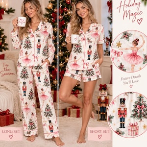 May include: A two-piece pajama set featuring a white fabric with a repeating Christmas print of nutcrackers, ballerinas in pink tutus, decorated pine trees, and gift boxes. The set includes a button-down shirt with a collar and matching pants or shorts.