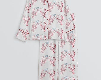 Coastal Lobster Pajamas for Women, Satin Long  Sleeve Dirty Martini Sleepwear, Cute Summer Cocktail PJs Gift