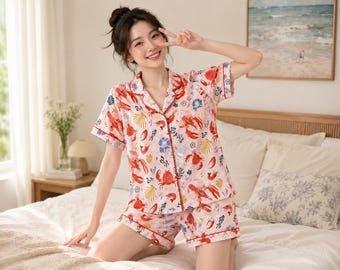 Seafood Pajama Set Pink Lobster Crab Print Pajamas Coastal Grandma Sleepwear Cute Beach Vacation Pajama Gift