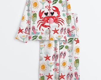 Conjunto de pijama de satén de manga corta con estampado de cangrejo soplando burbujas, estilo náutico costero para mujer, ideal para el verano.