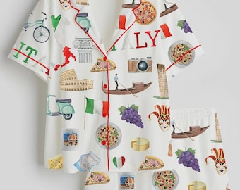 Conjunto de pijama de verano italiano para mujer, ropa de estar por casa de satén de manga corta para viaje Roma