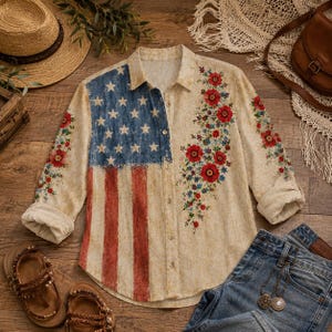 May include: A long-sleeve button-down shirt featuring a beige base with a distressed American flag print on the left side and a vibrant red floral pattern cascading down the right side. The shirt has a classic collar and cuffed sleeves.