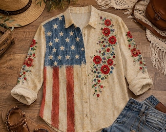 Vintage Patriotic Floral Patchwork Button-Up Shirt, Star Print Panel & Red White Blue Stripes, Americana 4th of July Style