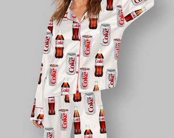 Pijama de satén para mujer, ideal para amantes de los refrescos, con divertido estampado de bebidas, manga corta y larga.