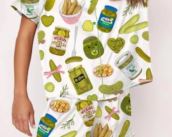 Conjunto de pijama de satén Coquette Pickle, pijama para amantes de los pepinillos, pijama de manga corta y manga larga, pijama sedoso con botones para mujer.
