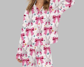 Pijama de satén con diseño de conejo de Pascua para mujer, bonito pijama primaveral con estampado floral de manga corta y larga.