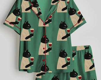 Pijama de satén para mujer con Gato Negro bebiendo vino: conjuntos cortos y largos, ropa de dormir para gatos adorables